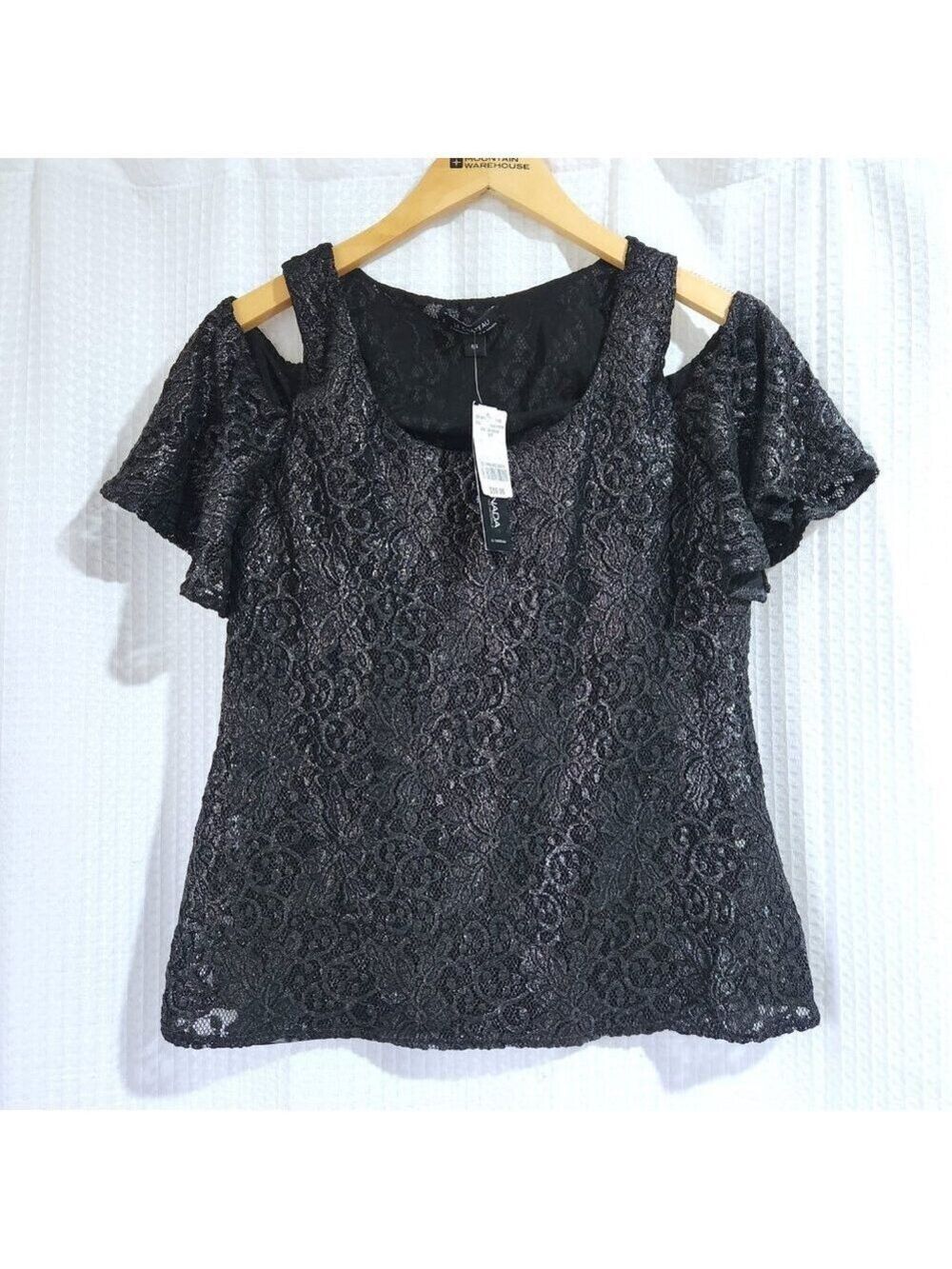 Le Chateau Womens Size Small Black Floral Lace Cold Shoulder Flutter Top NWT